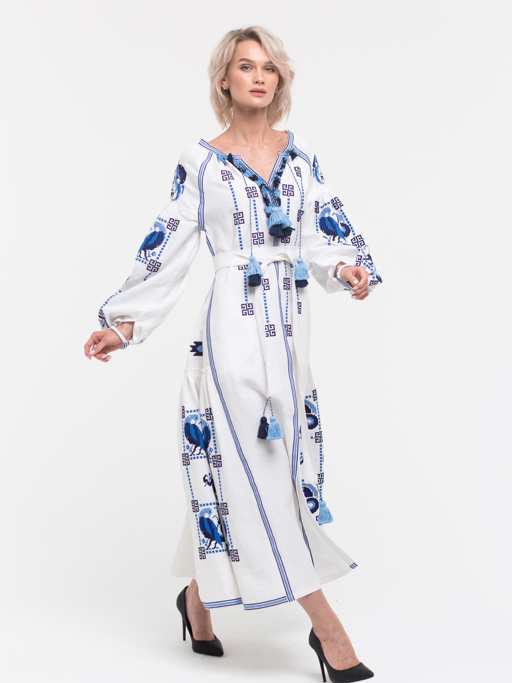 Linen embroidered dress Ethnic embroidery Willow