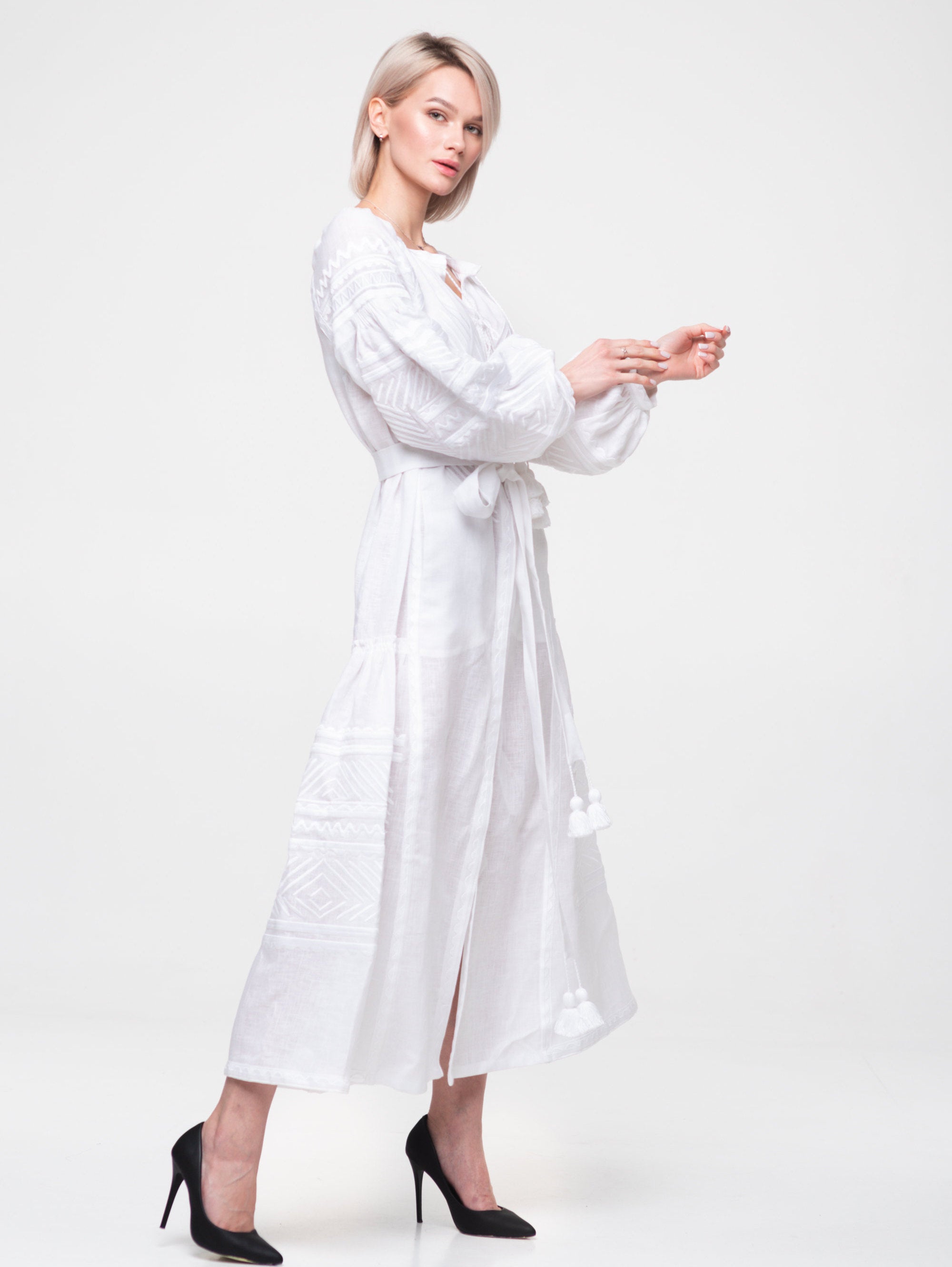Embroidered white linen dress Ukrainian wedding outfit