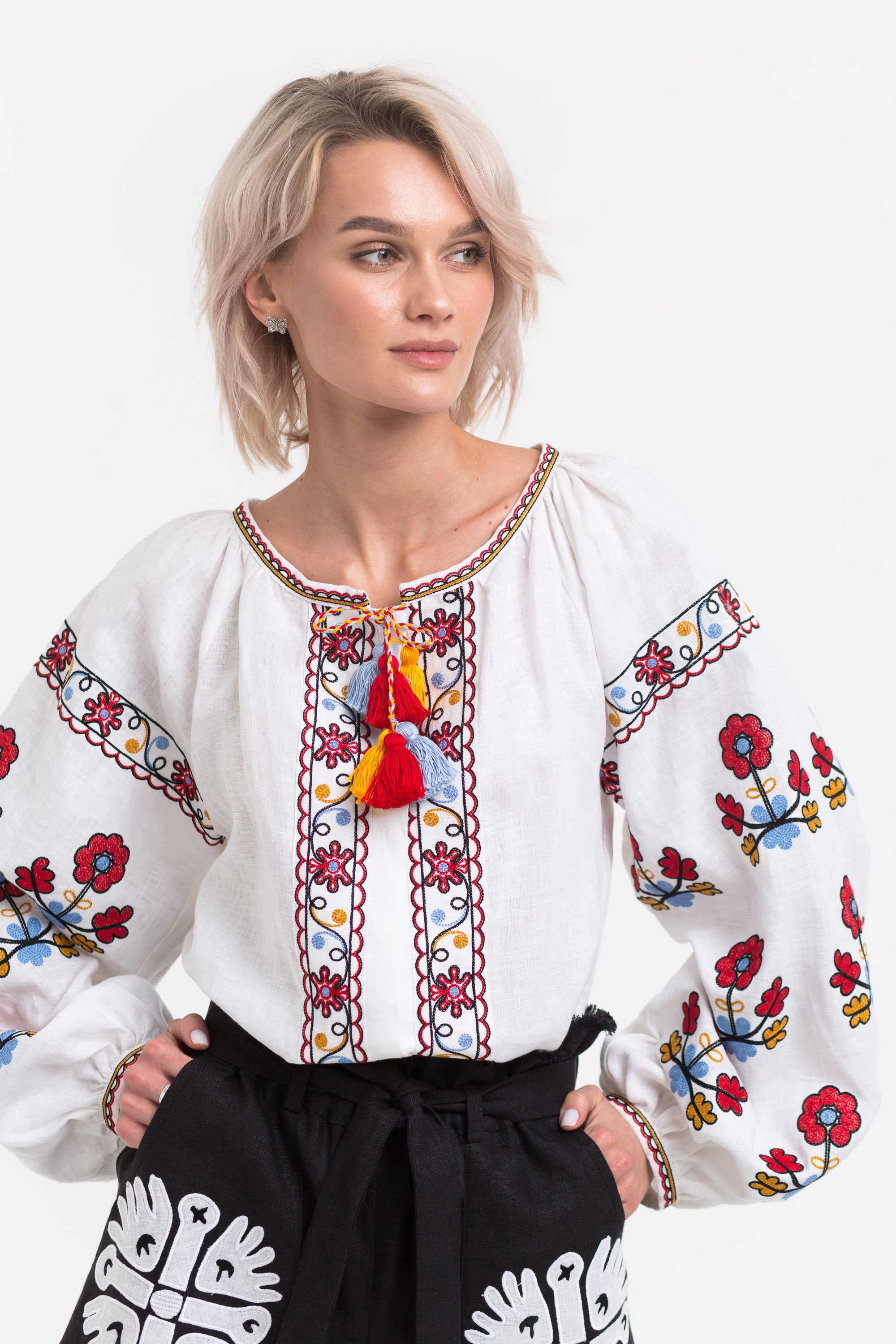 White blouse with floral embroidery Boho shirt