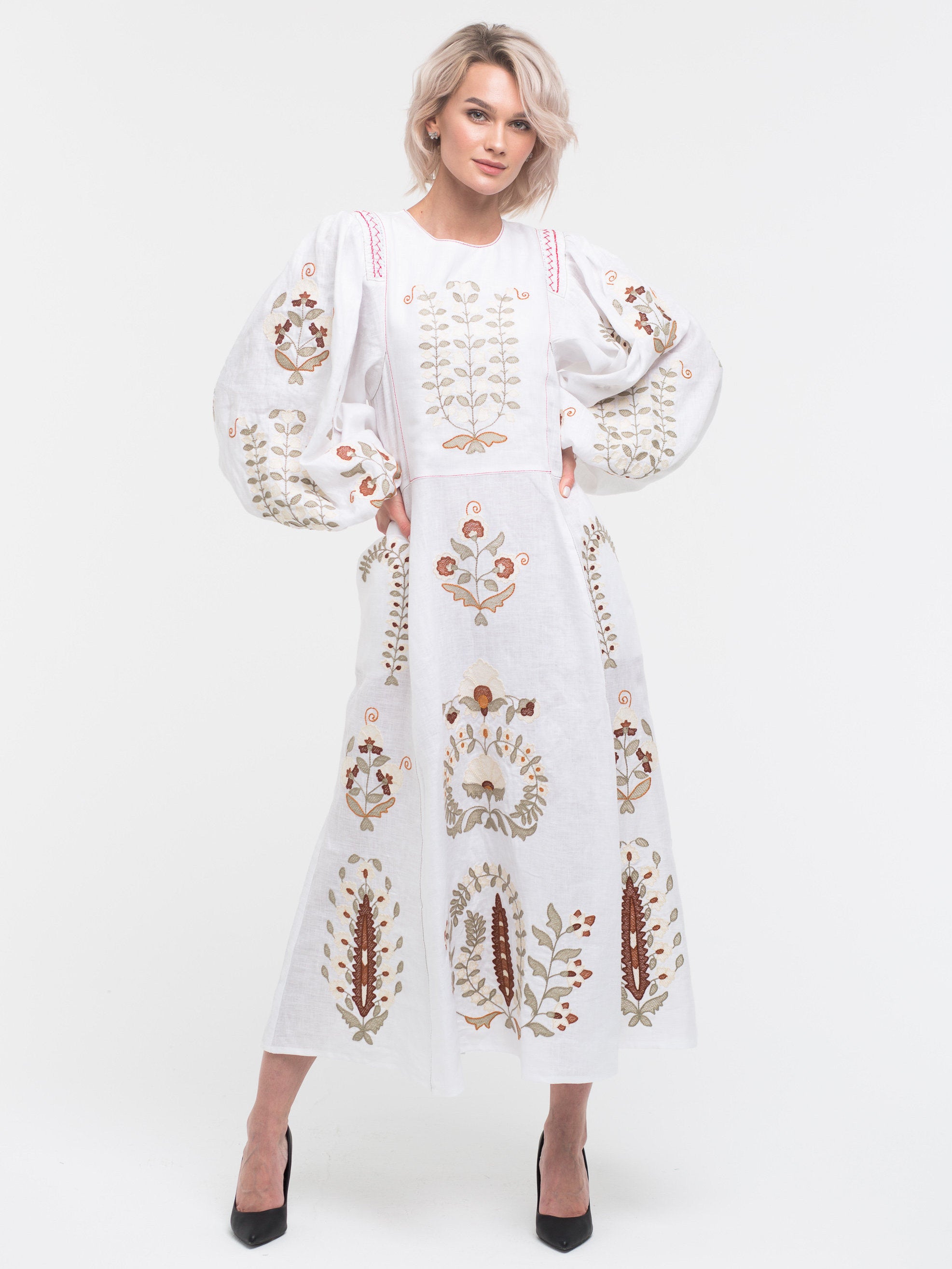 Summer linen dress Floral embroidery Patchouli