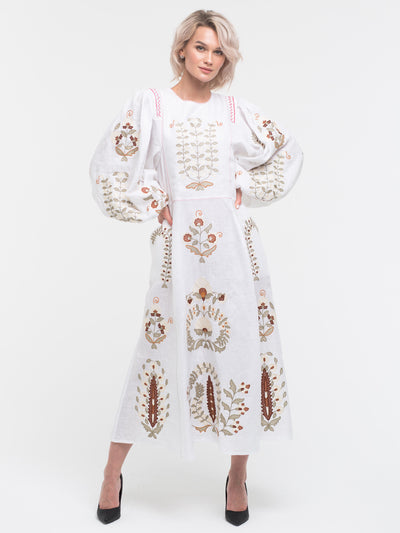 Summer linen dress Floral embroidery Patchouli