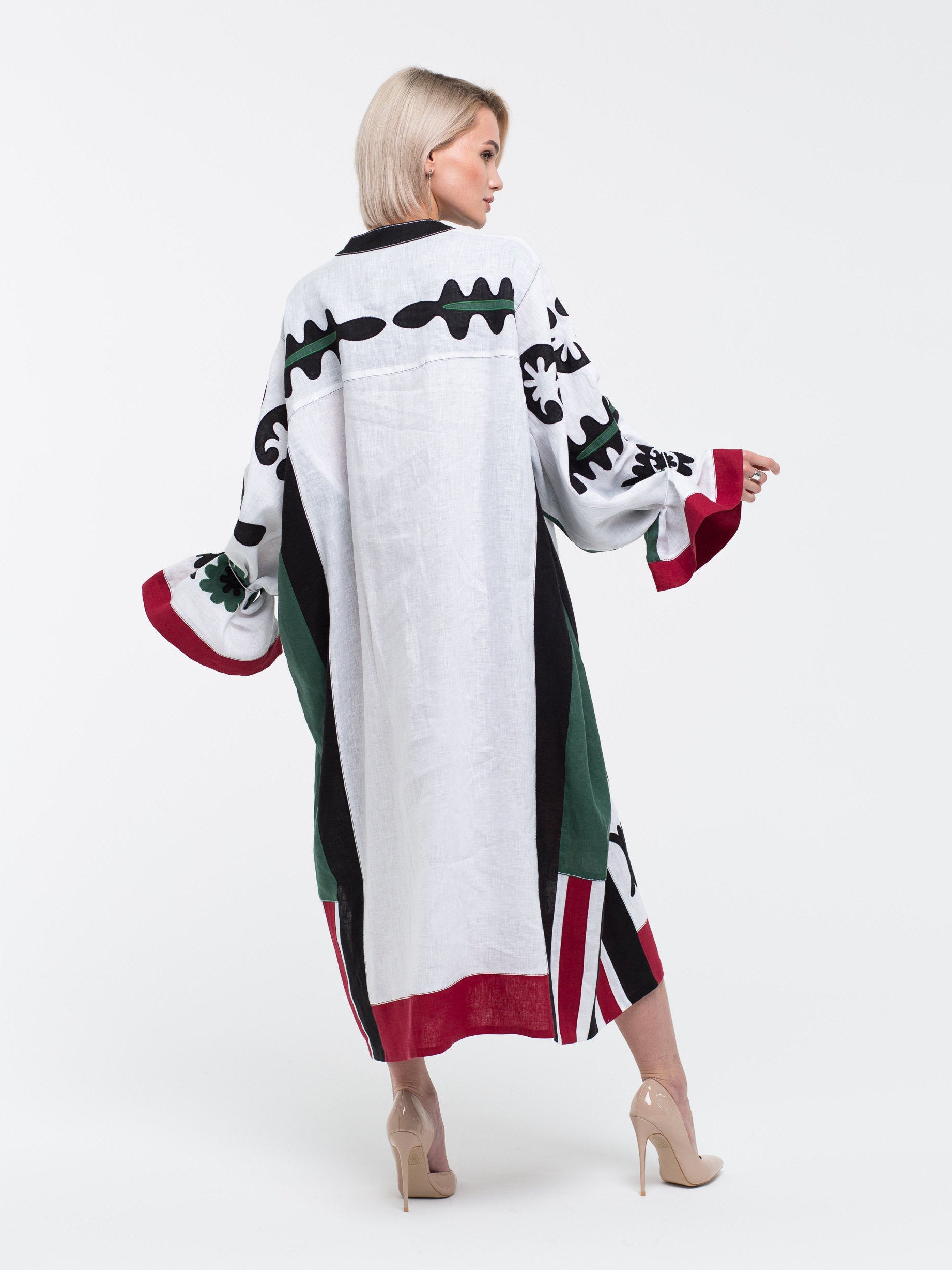 Applique embroidered linen kaftan Free size dress