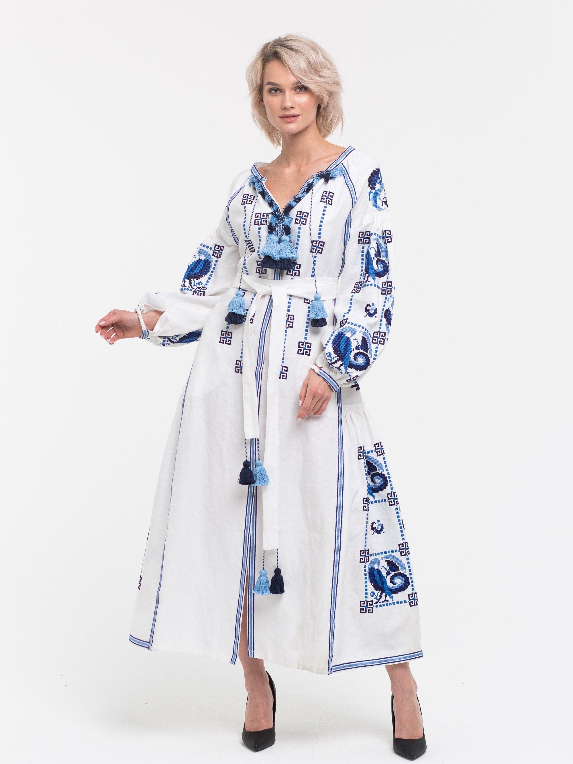 Linen embroidered dress Ethnic embroidery Willow