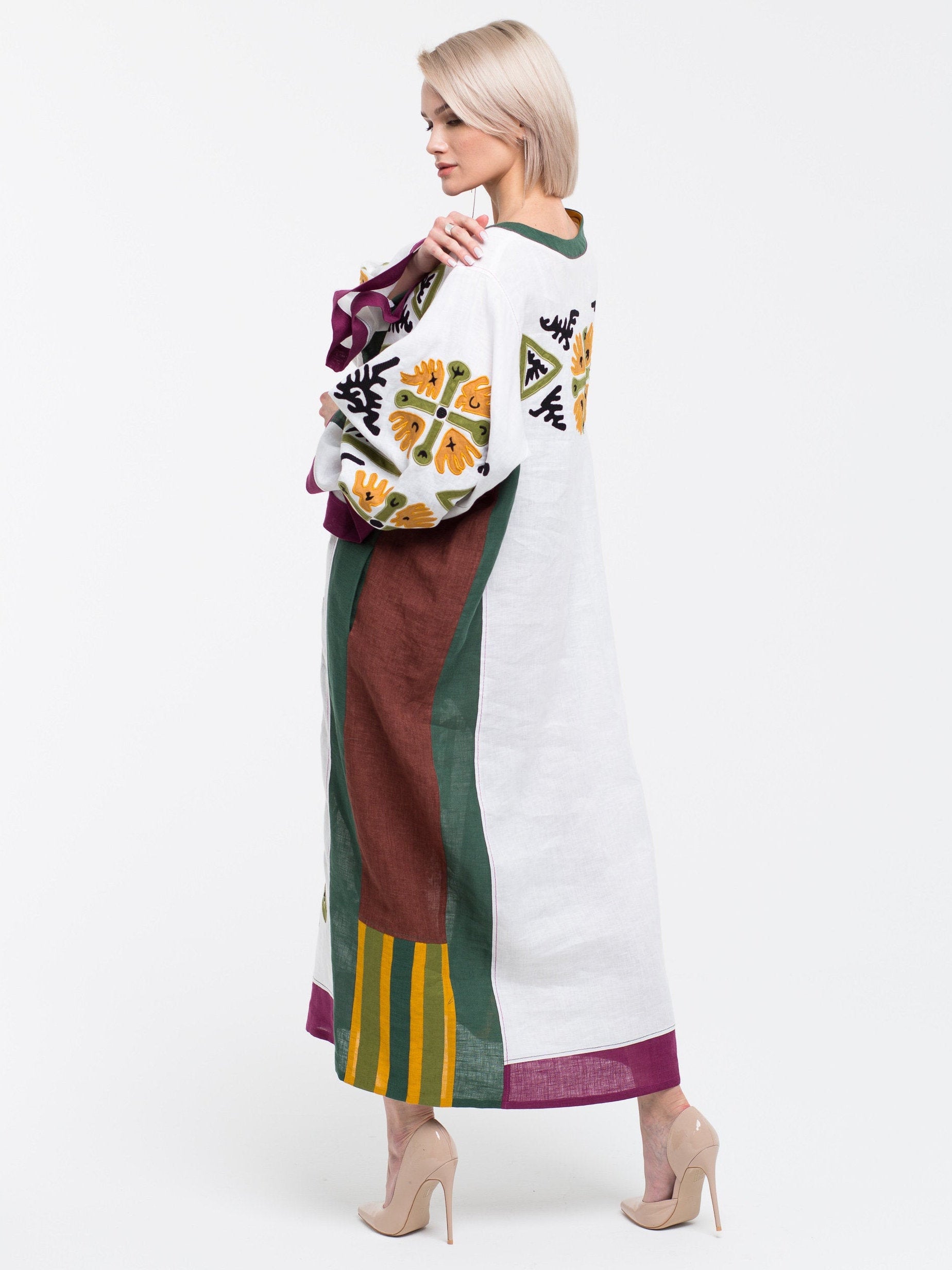 Kaitag applique embroidered linen dress Oversized boho kaftan S-XL