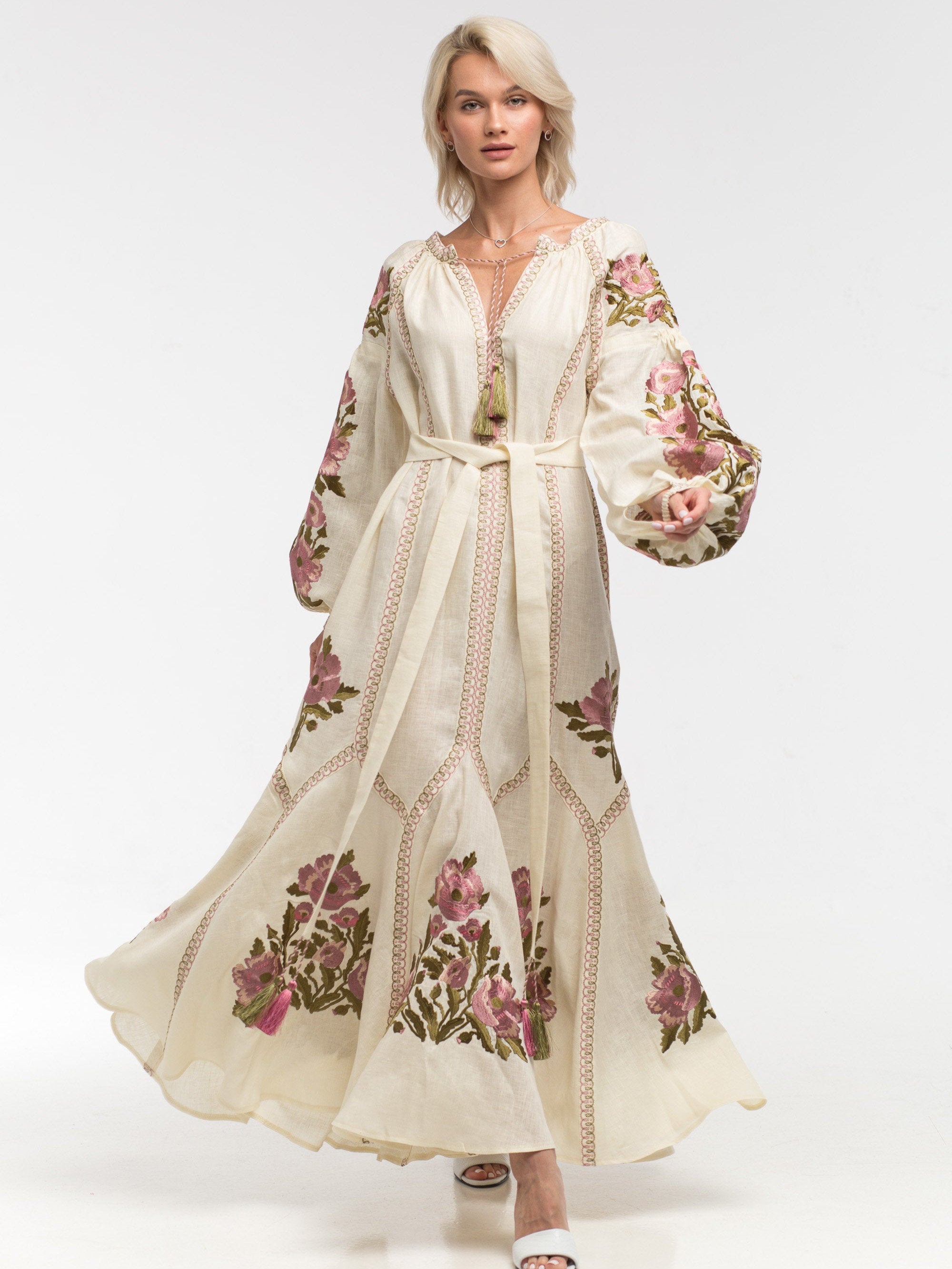 green emerald velvet dress Iryna Embroidered Ukrainian Dress main image 1