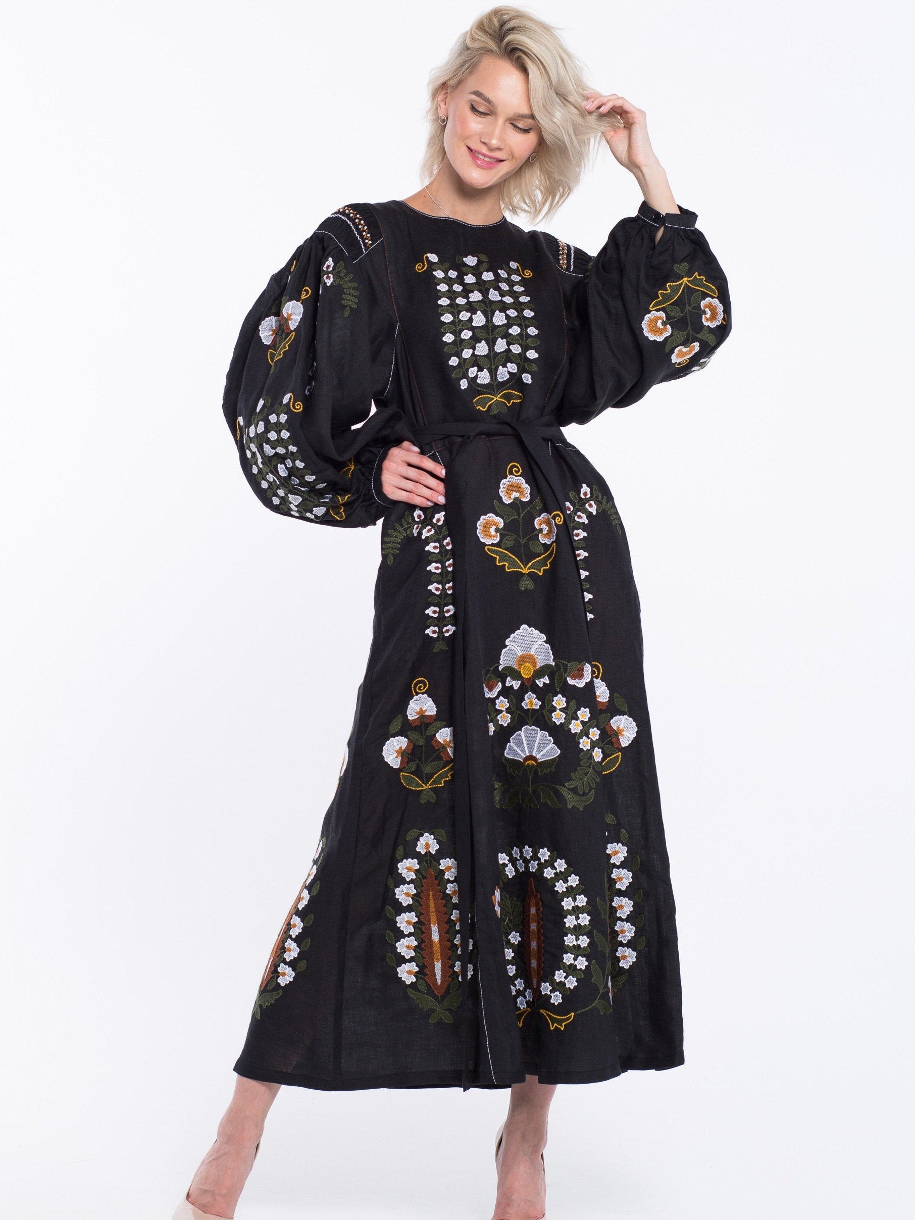 Summer linen dress Floral embroidery Patchouli