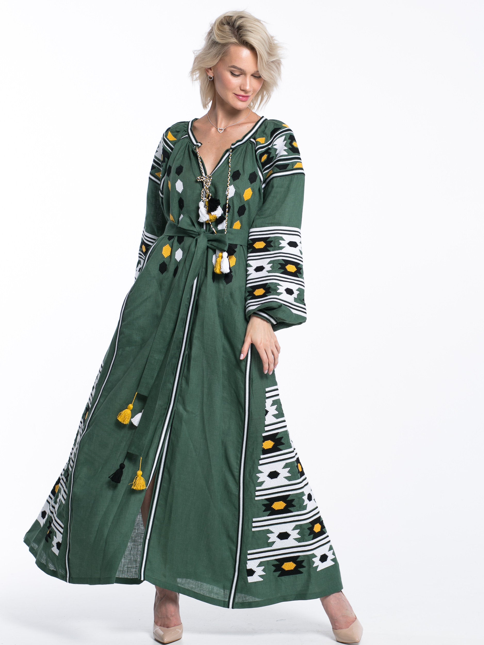Summer Embroidered Dress Green Linen