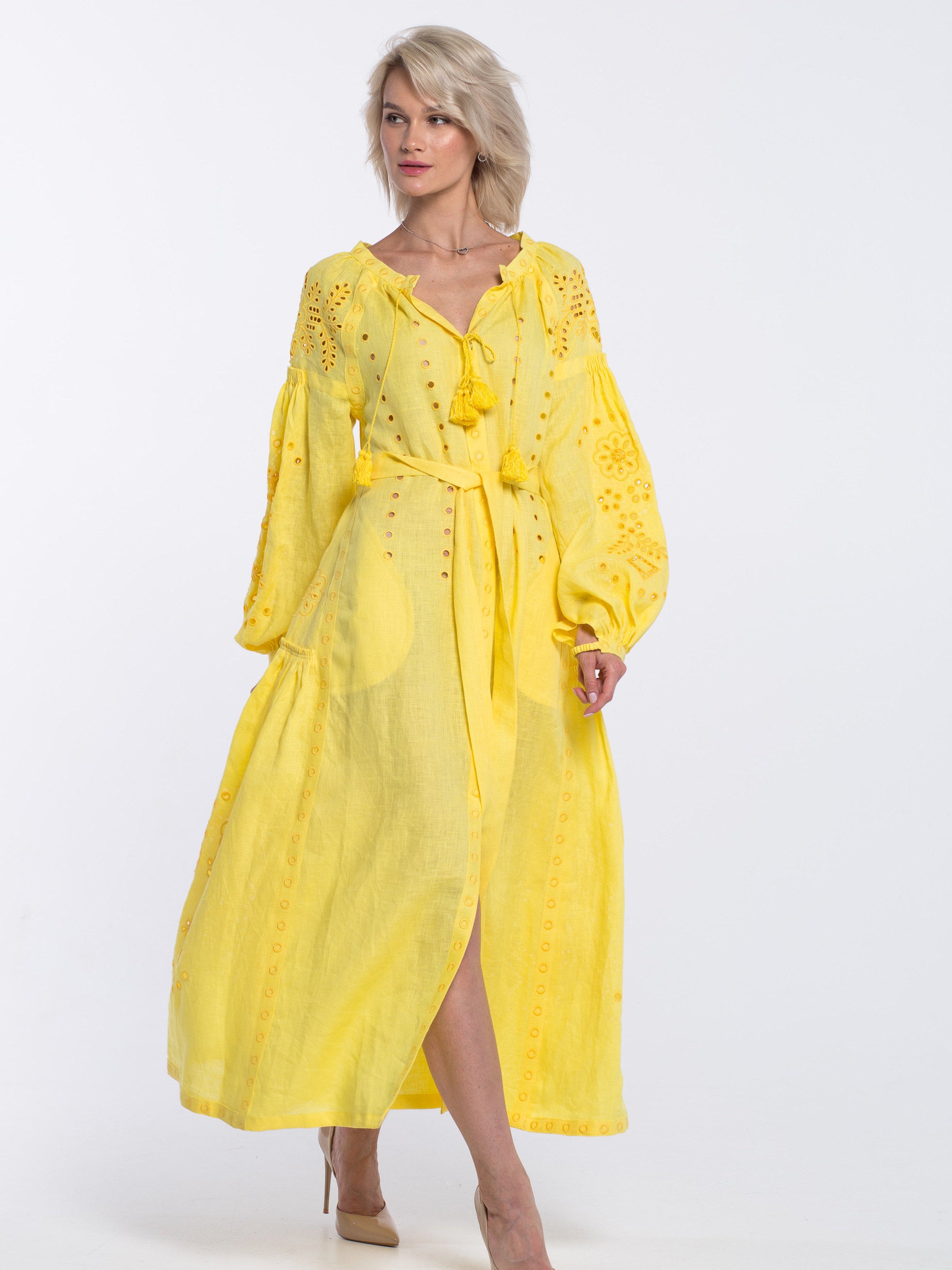 Linen summer dress with floral eyelet embroidery