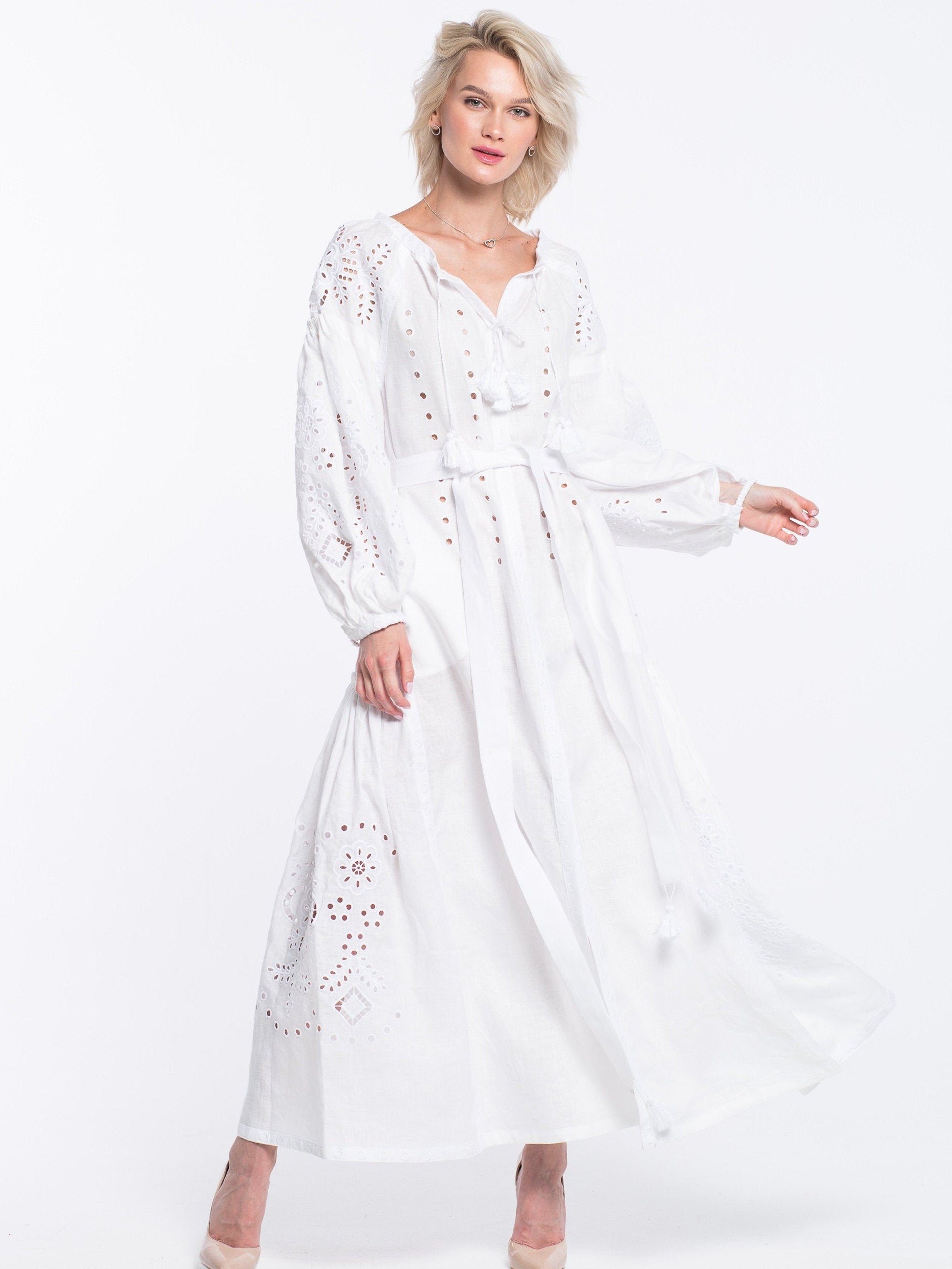 Linen summer dress with floral eyelet embroidery