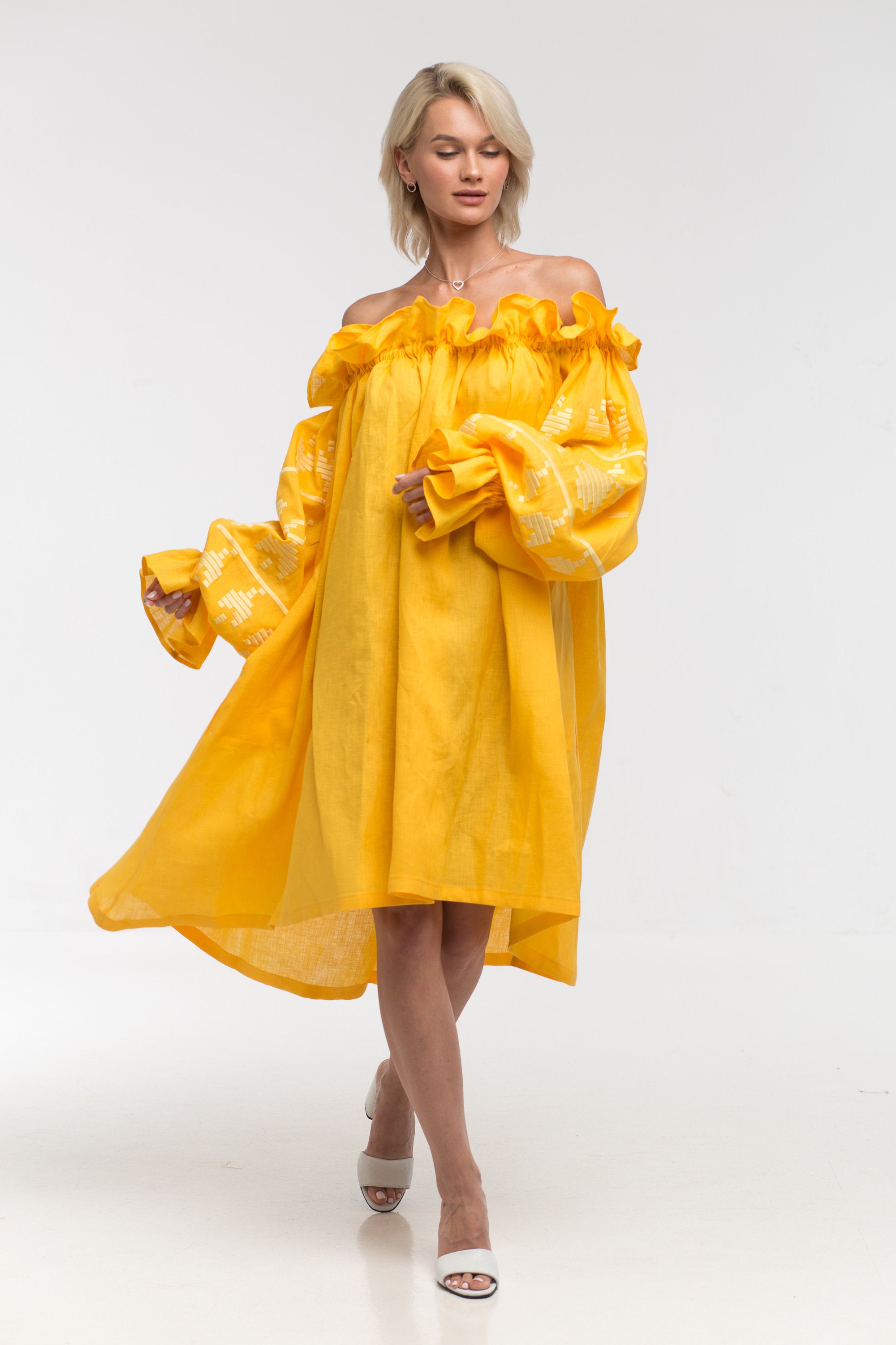 Off shoulder linen dress oversized with ruffles and embroidered balloon sleeves