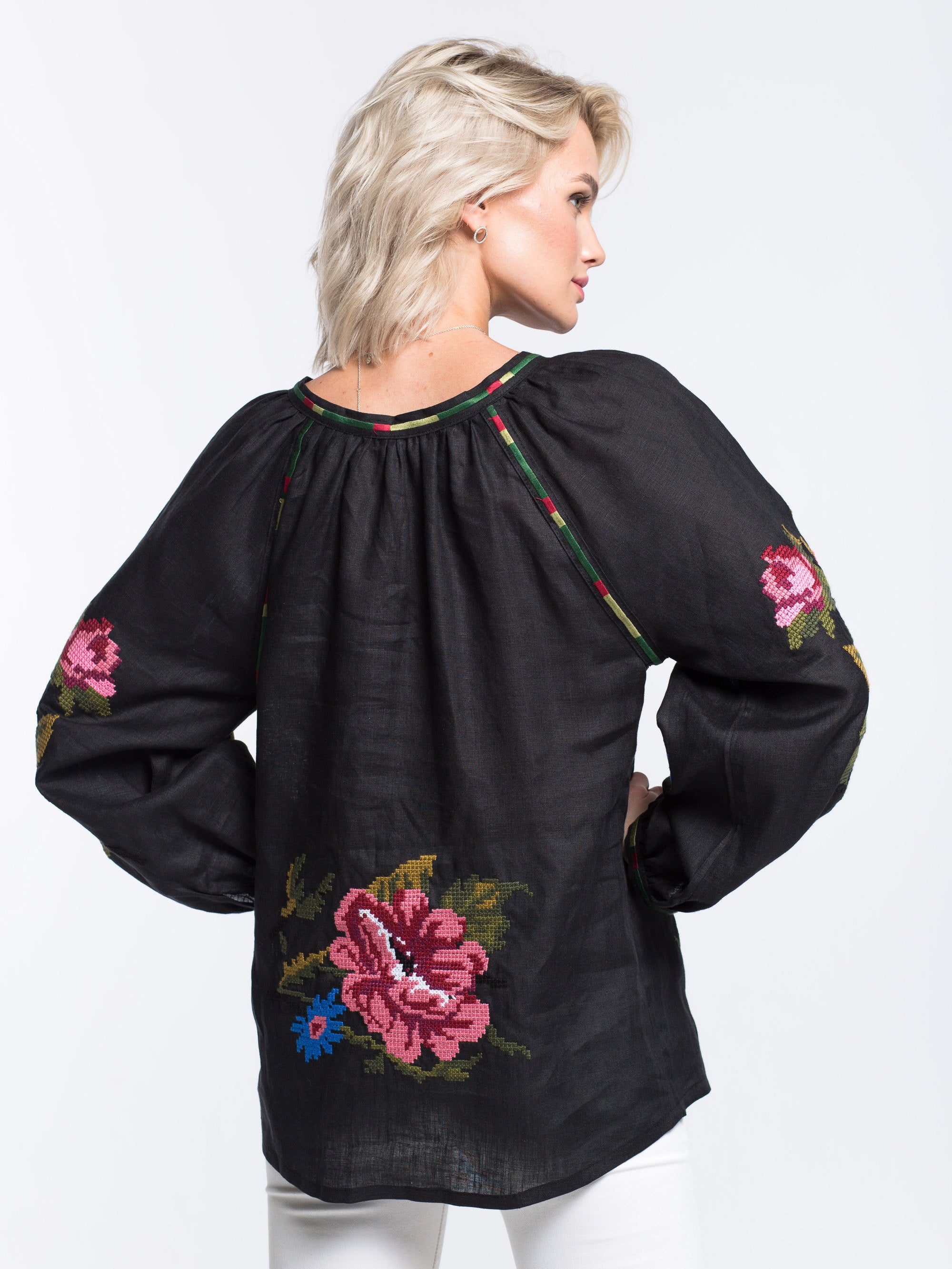 Embroidered linen top blouse vyshyvanka with floral fashion embroidery and balloon sleeves