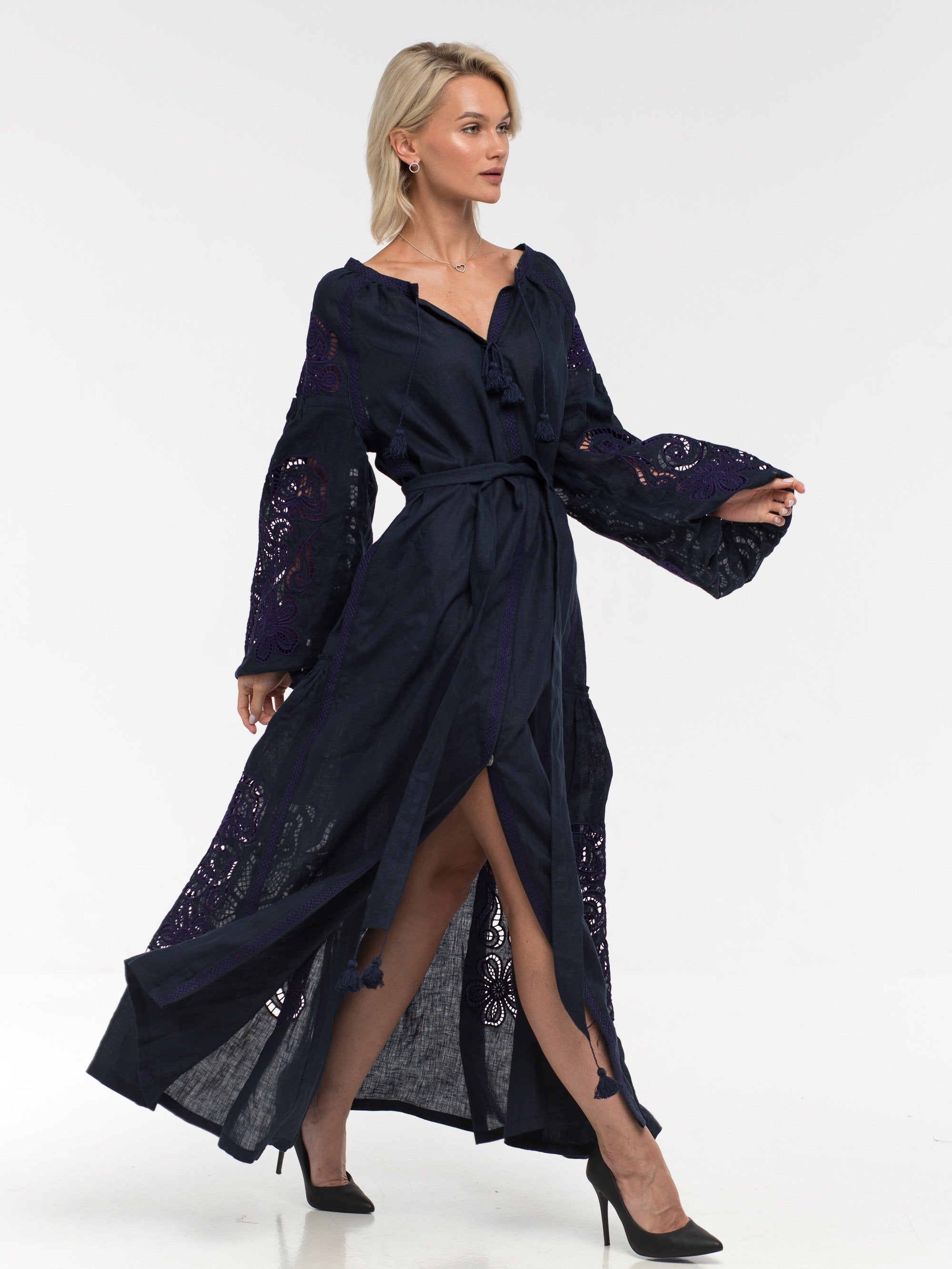 Floral eyelet embroidered linen dress Summer resort outfit