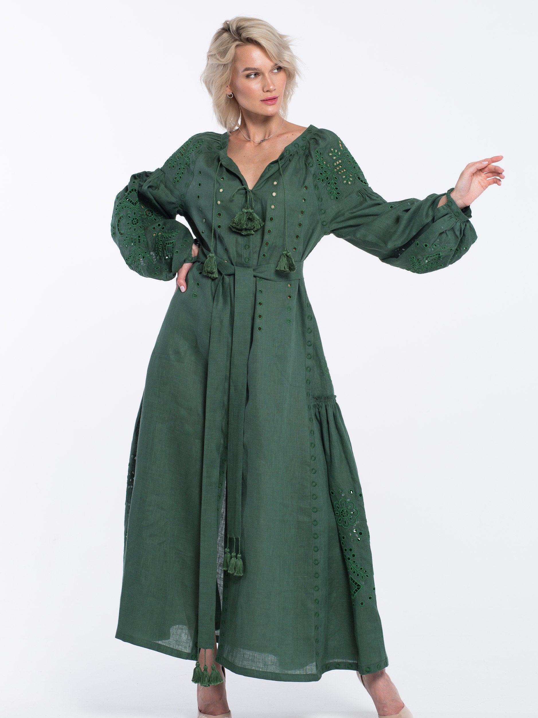 Linen summer dress with floral eyelet embroidery