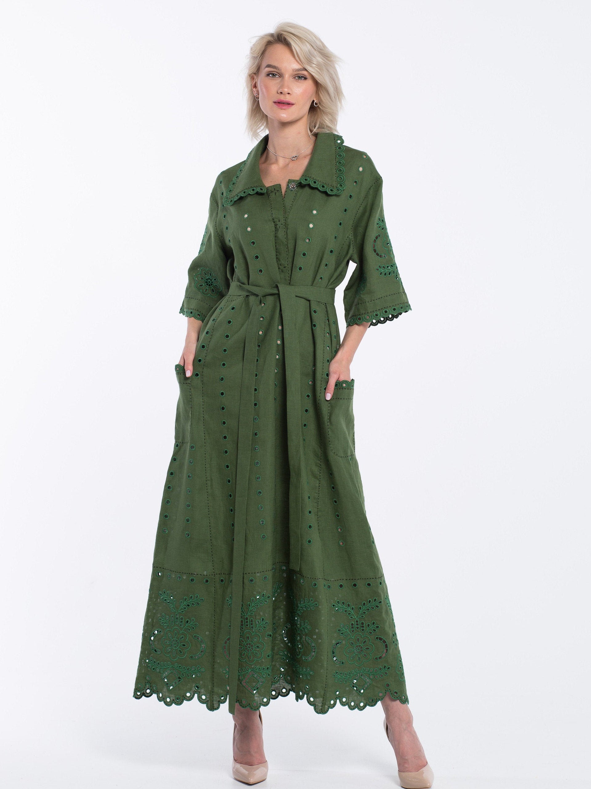 Summer linen dress Floral richelieu embroidery