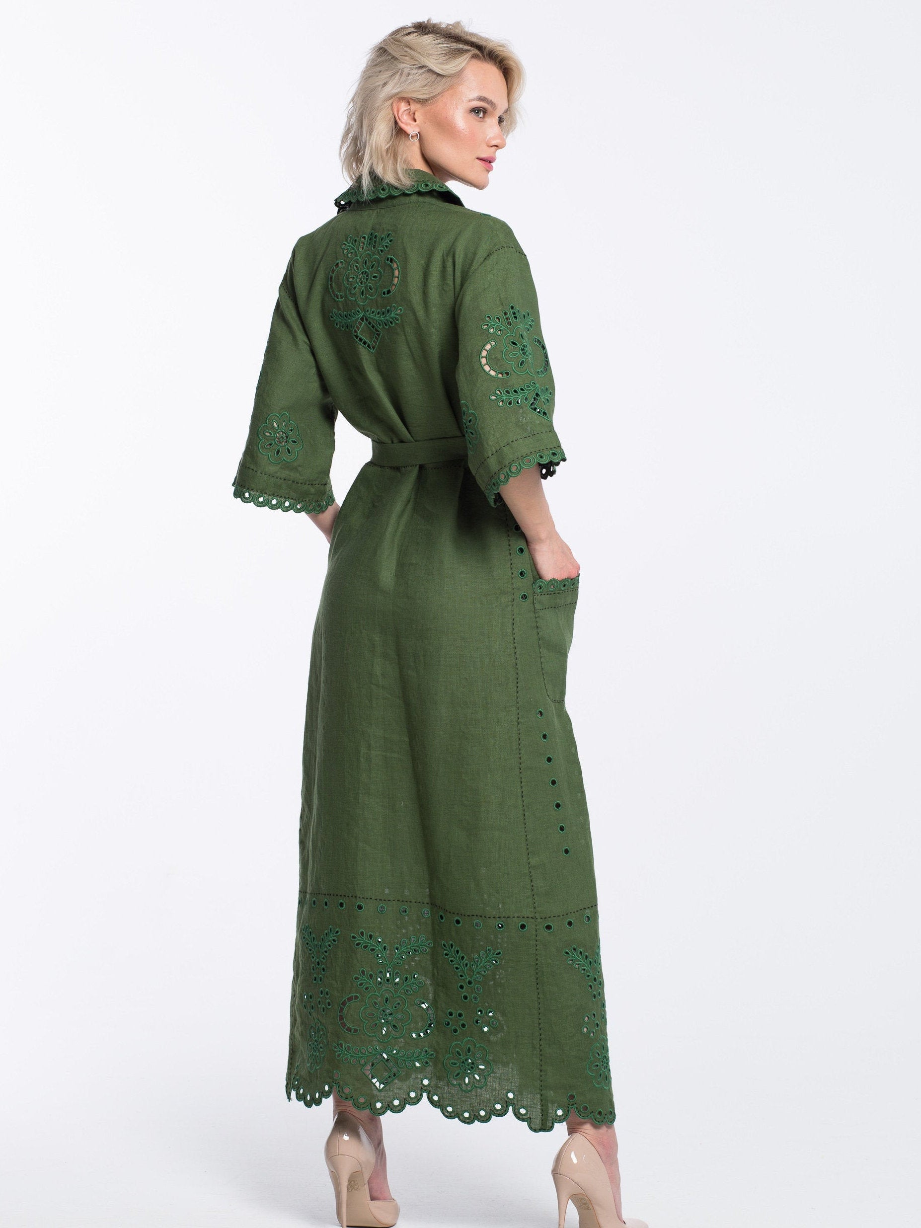 Summer linen dress Floral richelieu embroidery