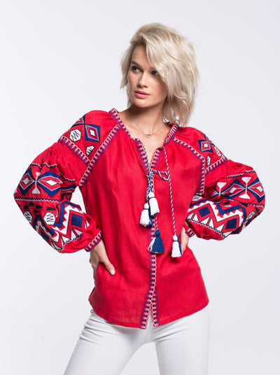 Embroidered linen blouse Fashion shirt ukrainian vyshyvanka with balloon sleeves