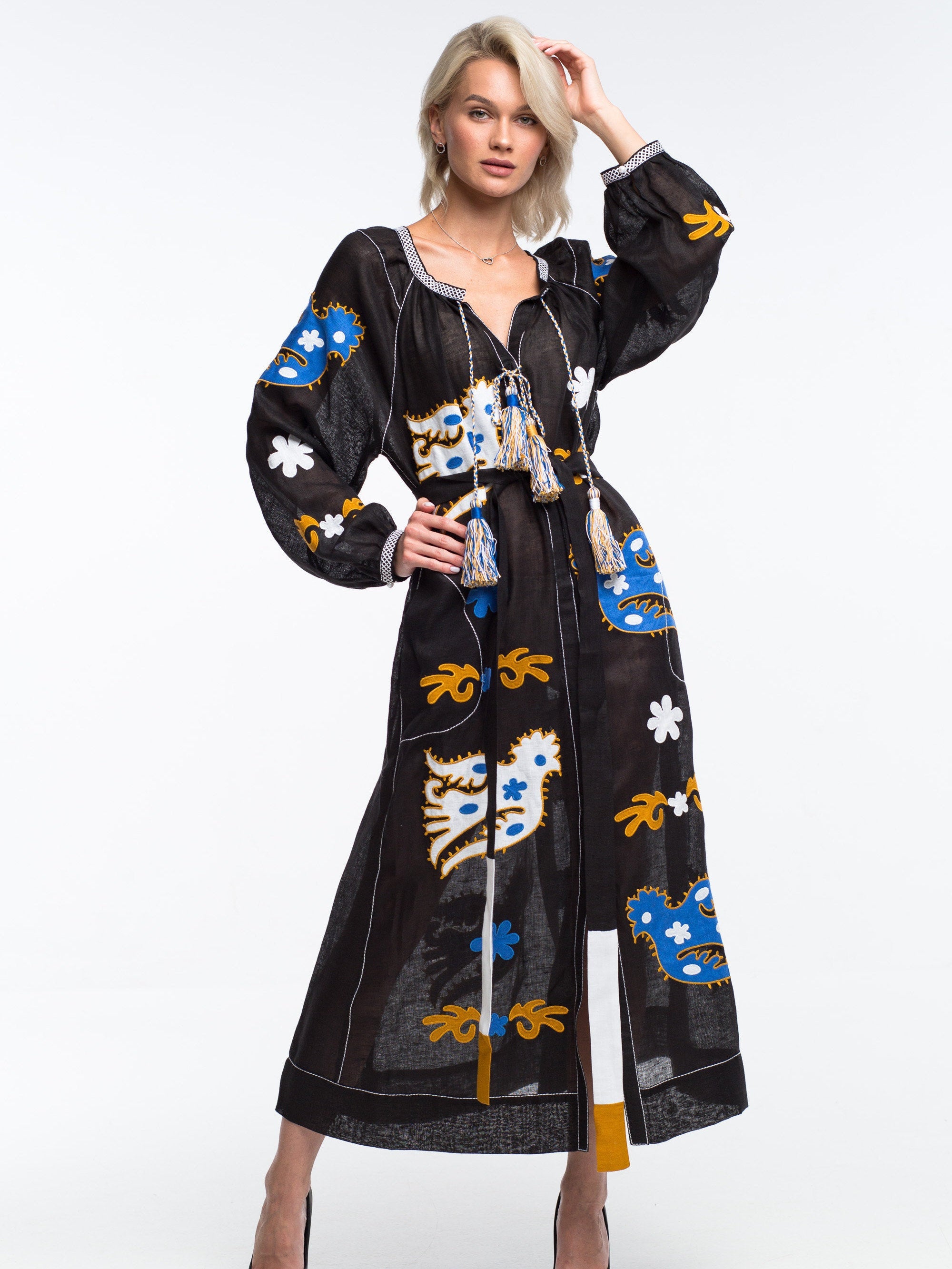 Parrot applique embroidered dress Bohemian kaftan