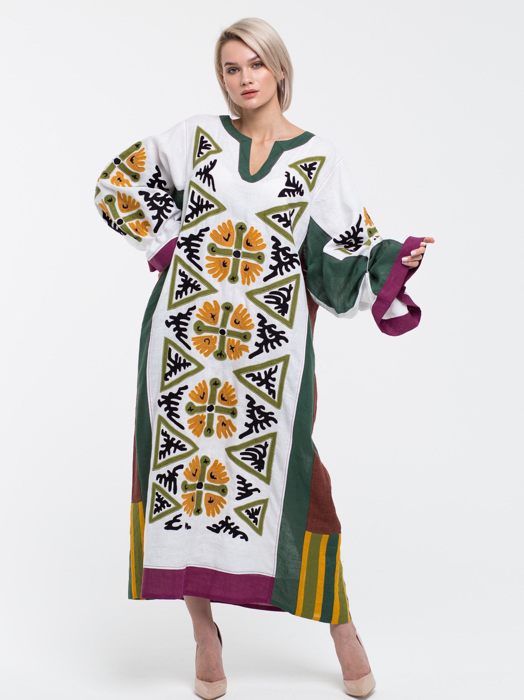 Kaitag applique embroidered linen dress Oversized boho kaftan S-XL
