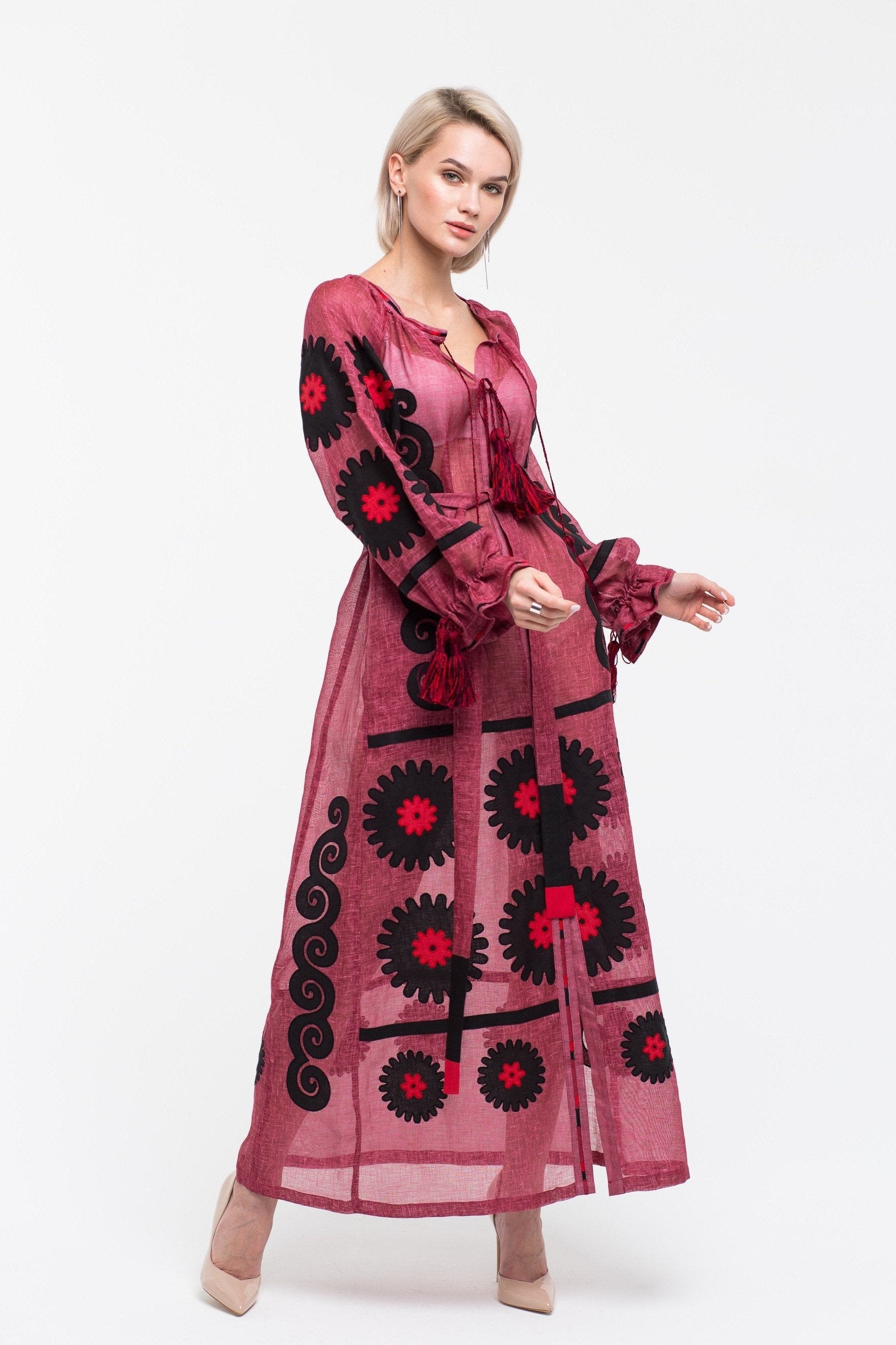 Applique embroidered linen dress Boho summer robe