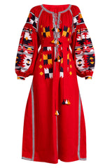 Red boho maxi dress Vyshyvanka ethnic Ukrainian embroidery Bohemian embroidered kaftan robe