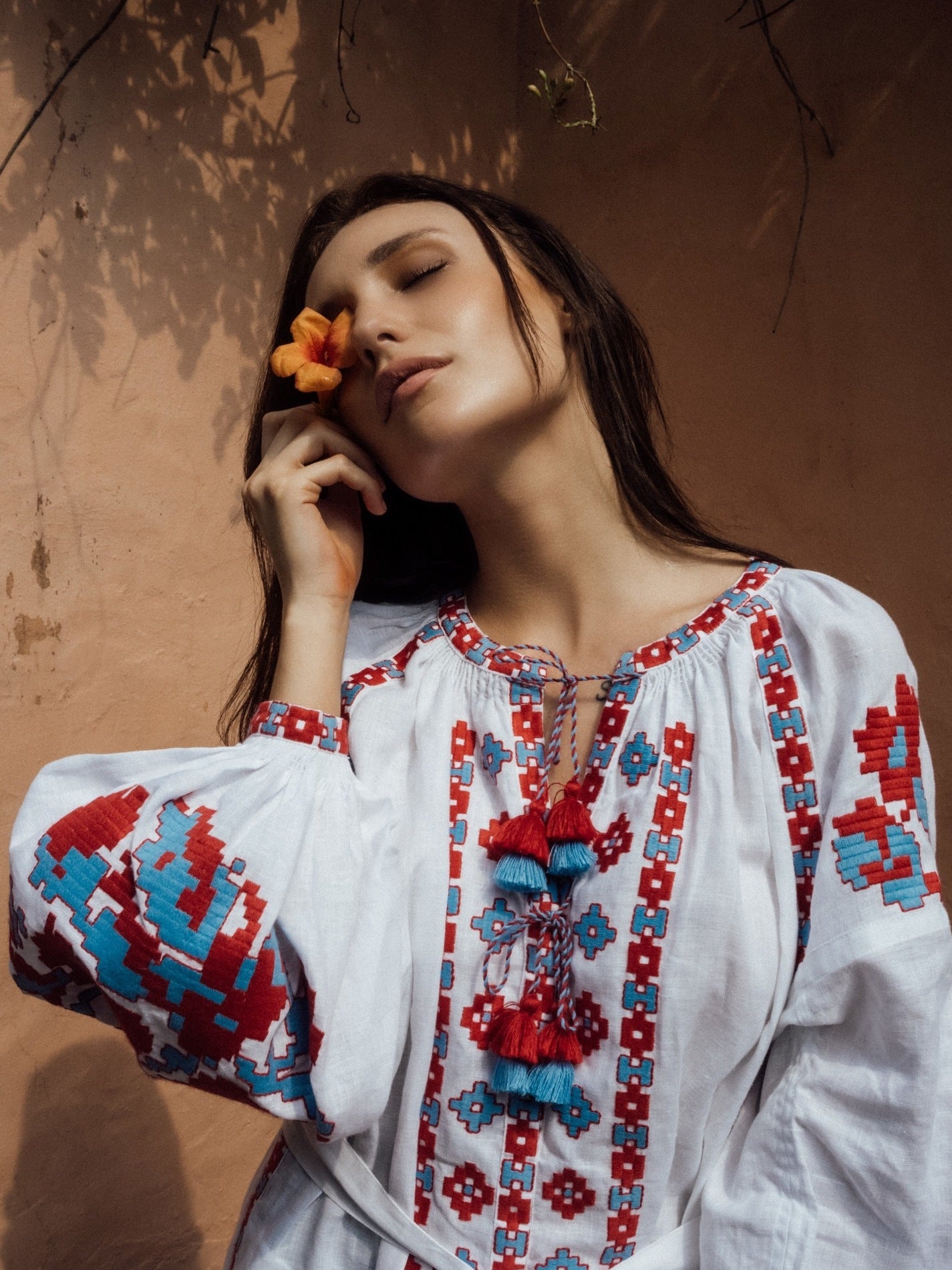 Linen summer dress with floral embroidery Long sleeve bohemian robe