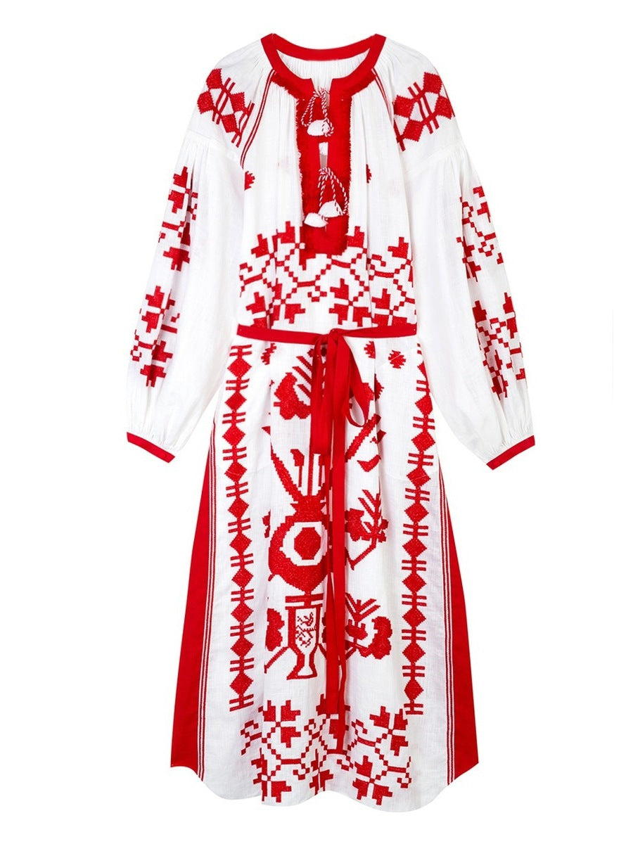 White boho dress with ukrainian red embroidery