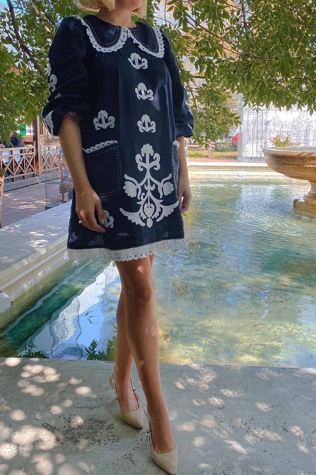 Collar dress with ethnic applique embroidery – Ukrainian Embroidery