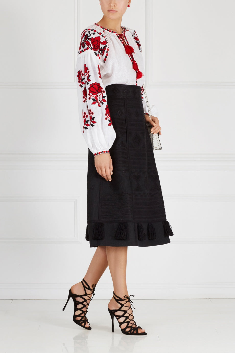 Linen boho embroidered skirt Black embroidery