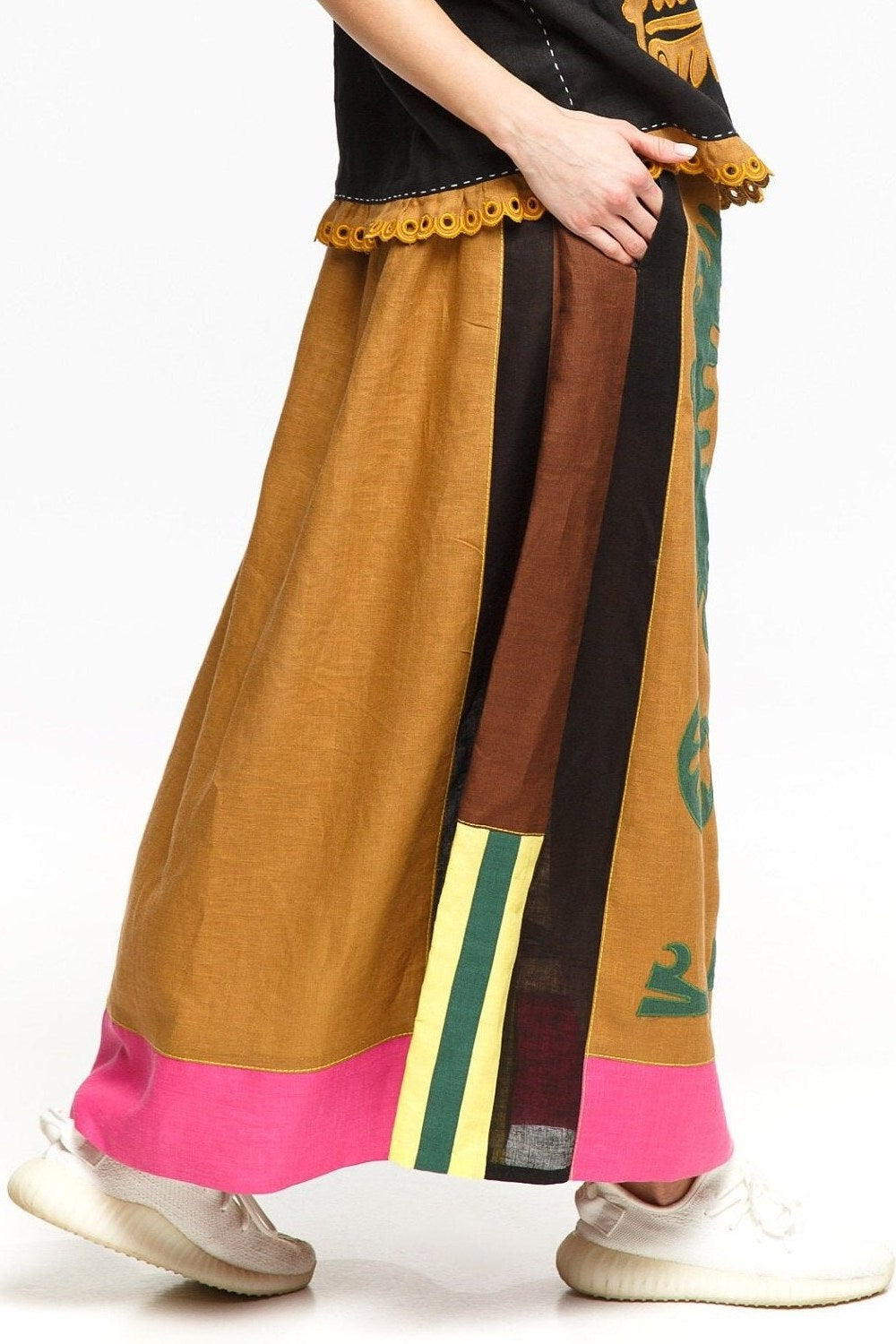 Embroidered linen maxi skirt Ethnic abstract embroidery