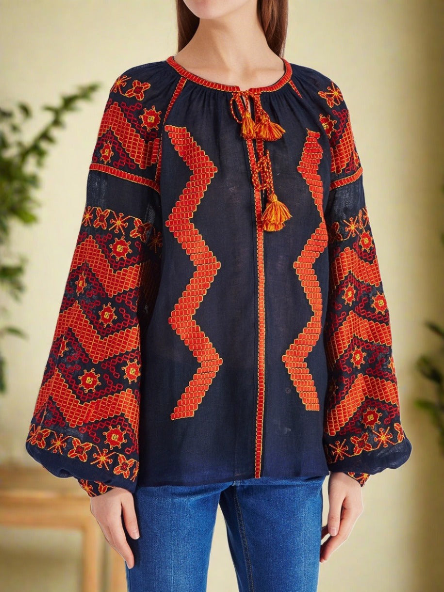 Ukrainian boho blouse top with Ukraine embroidery Vyshyvanka shirt woman