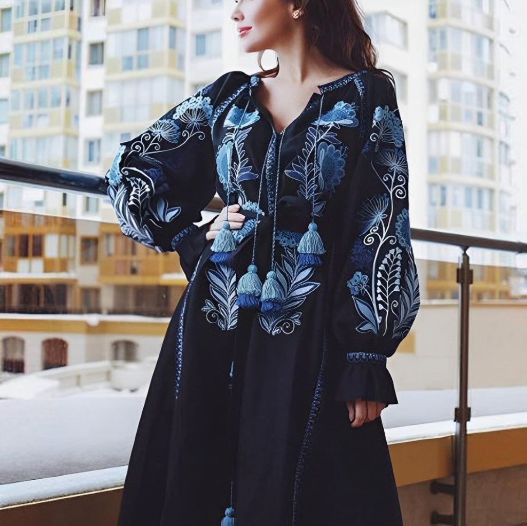 Trapeze boho dress black with ukrainian embroidery Floral bohemian wedding gown Modern ethnic embroidered robe plus size
