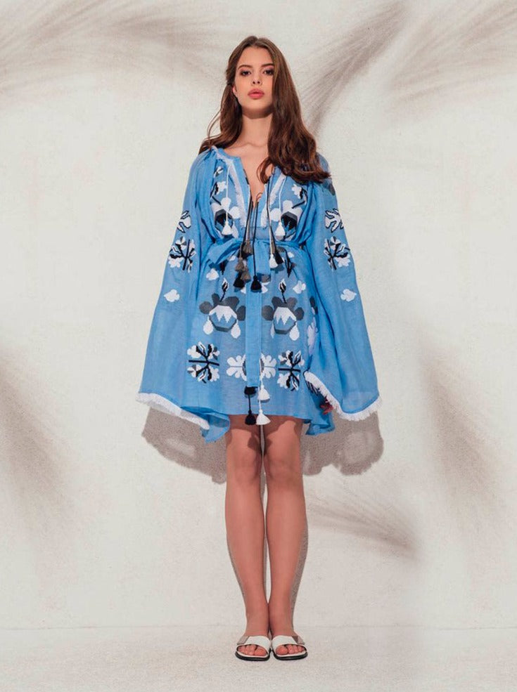 Festival mini dress with Ukrainian embroidery Vyshyvanka with kimono sleeve Beach cover up tunic