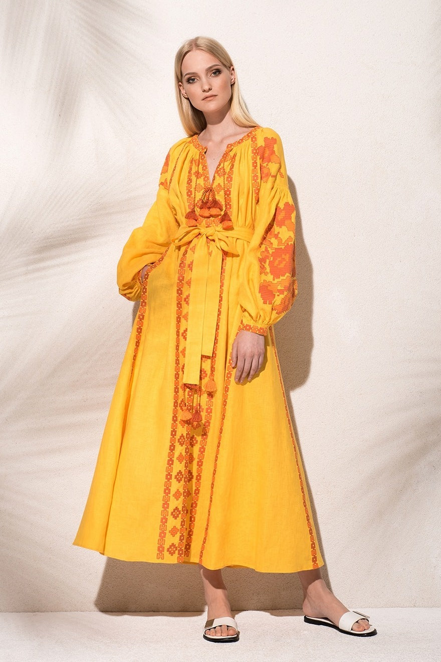 Linen summer dress with floral embroidery Long sleeve bohemian robe