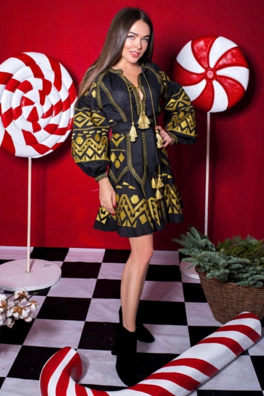 Black gold boho dress Embroidered vyshyvanka with Ukrainian embroidery
