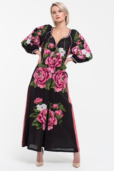 Black linen embroidered kaftan with Ukrainian embroidery Peonies