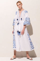 Linen resort dress Boho outfit with abstract embroidery