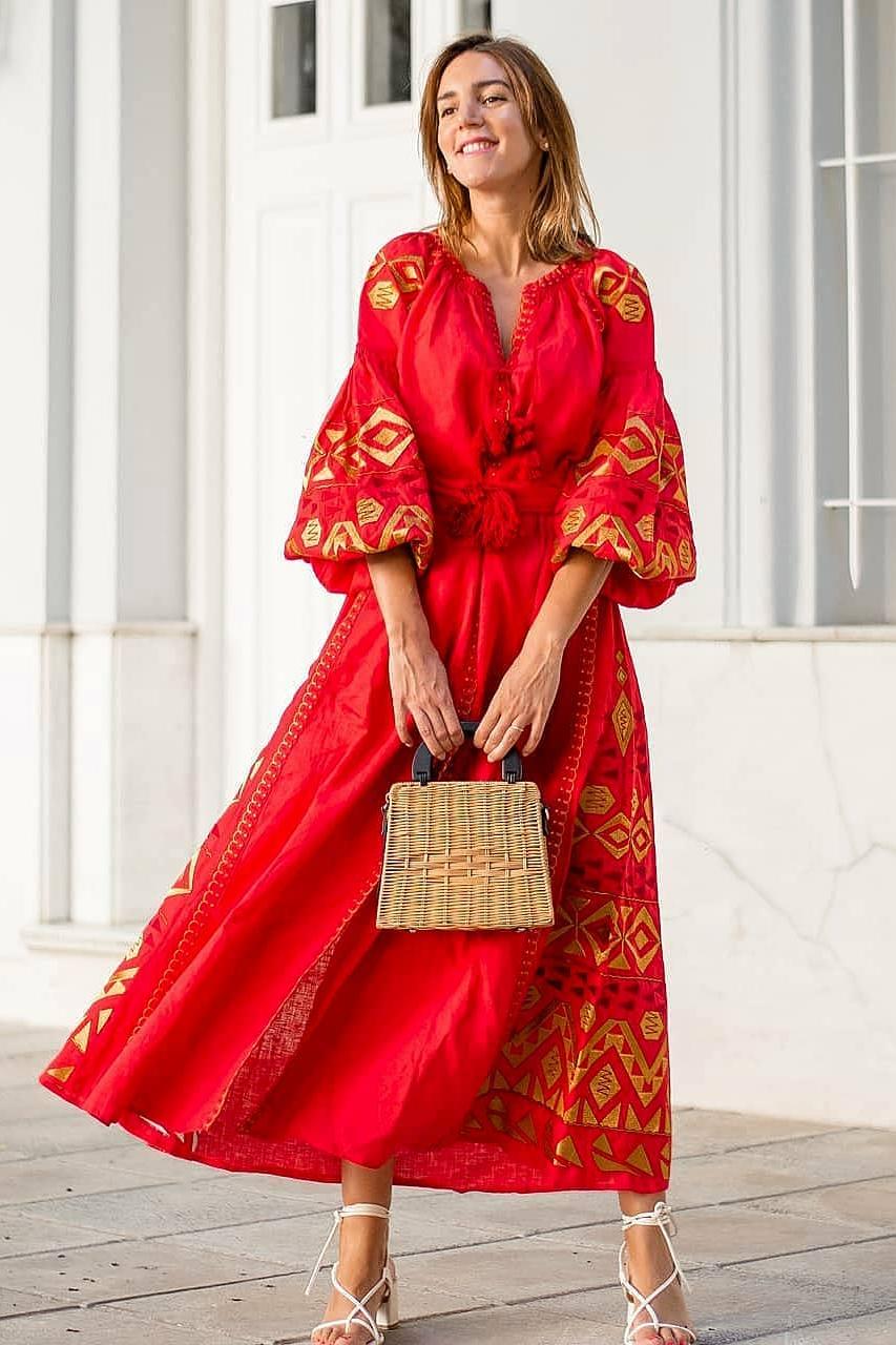 Luxe linen dress with Ukrainian embroidery Kilim L / Red / Midi Luxe linen dress with Ukrainian embroidery Kilim L / Red / Midi