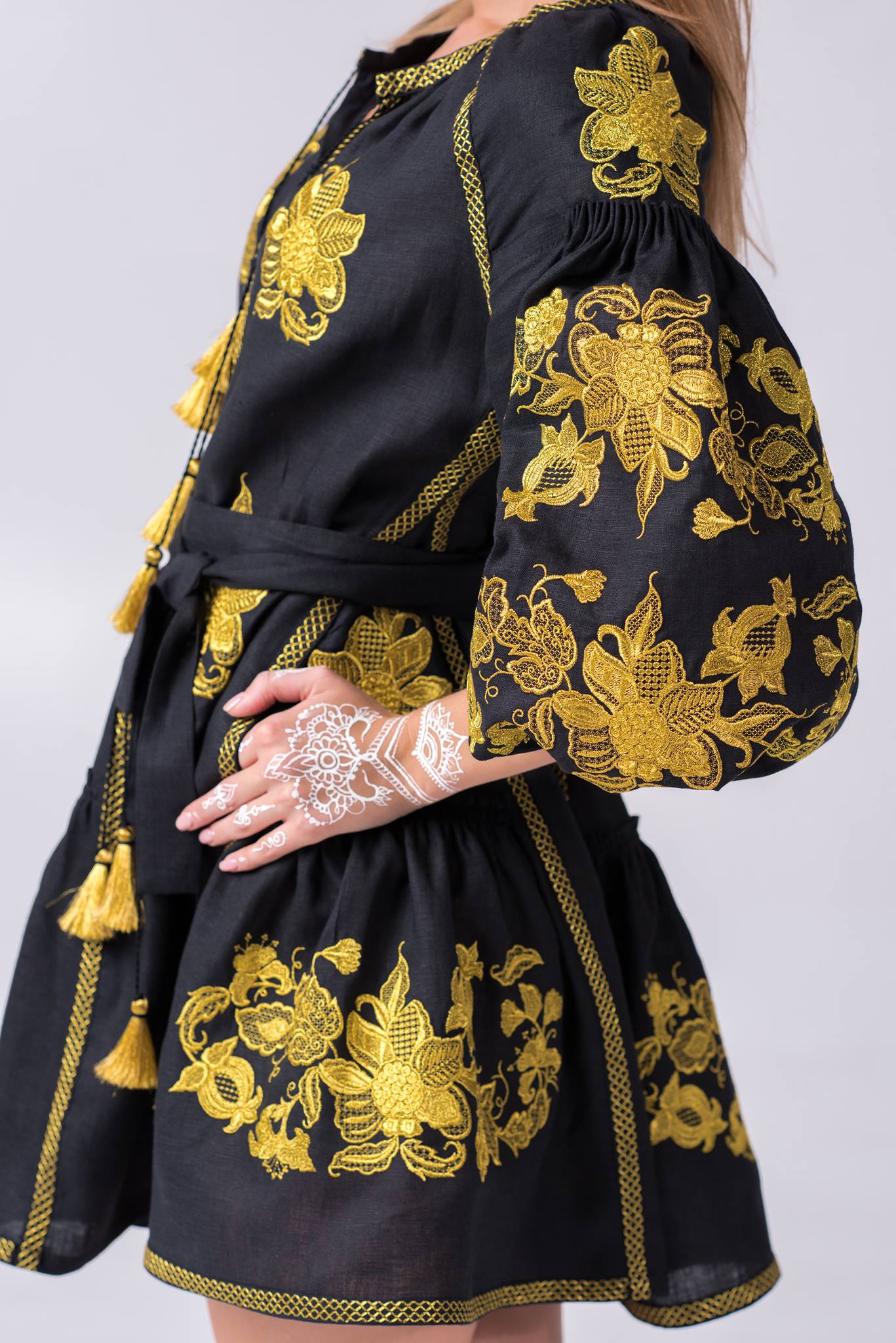 Black boho dress with gold Ukrainian embroidery Vyshyvanka Custom embroidered dresses