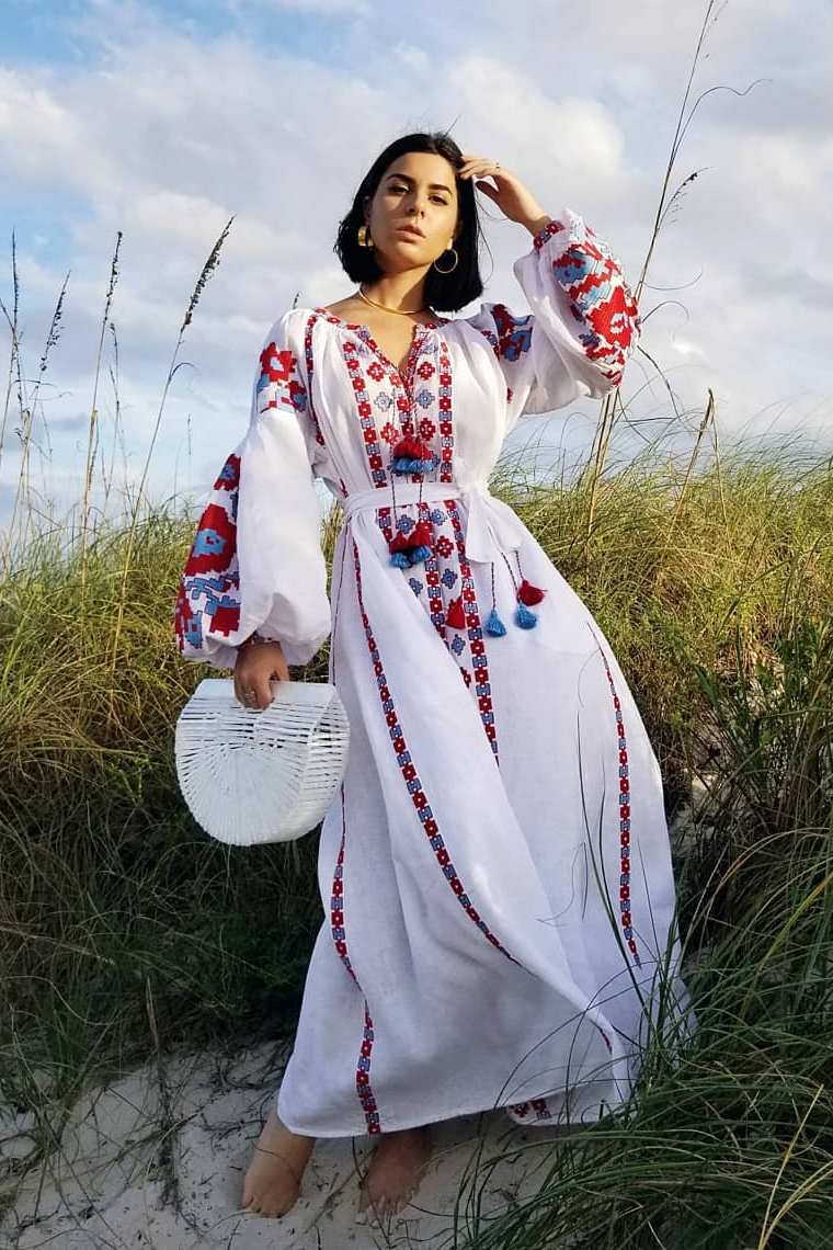Linen summer dress with floral embroidery Long sleeve bohemian robe