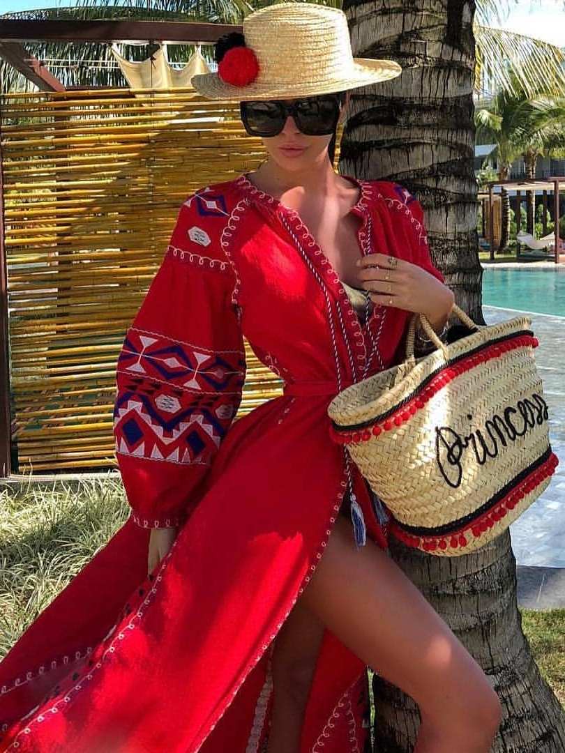 Embroidered fashion boho dress red Vyshyvanka with ukrainian embroidery Puff sleeves dresses Front buttons kaftan Bohemian gown