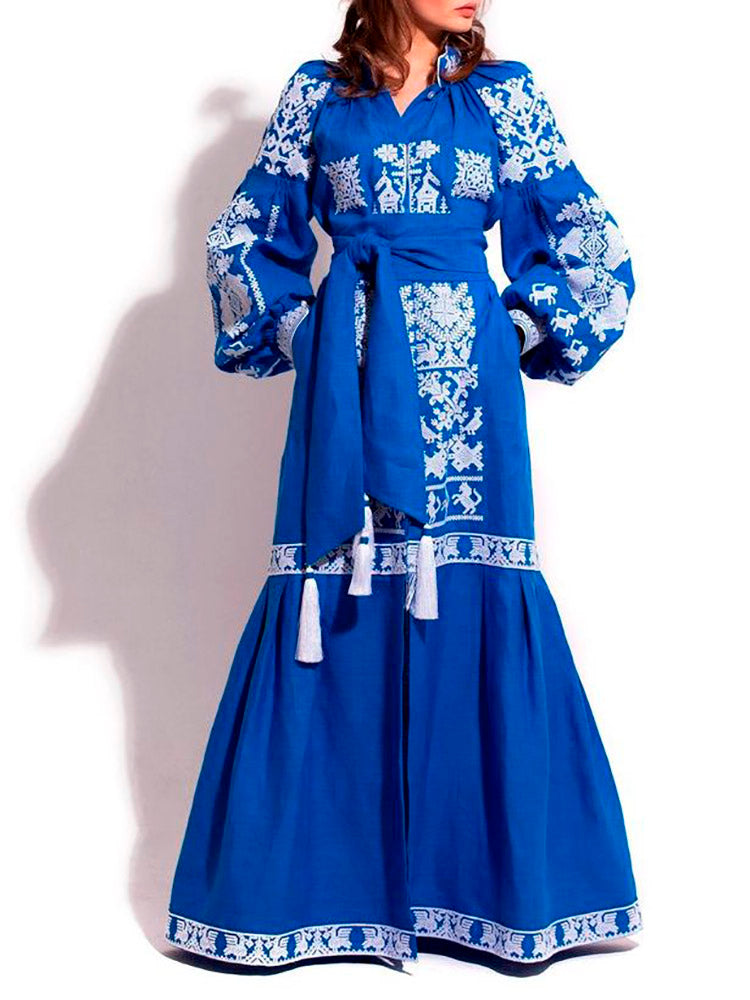Ethnic fashion boho dress kaftan Embroidered linen evening outfit with collar and belt Modern ukrainian kleid robe