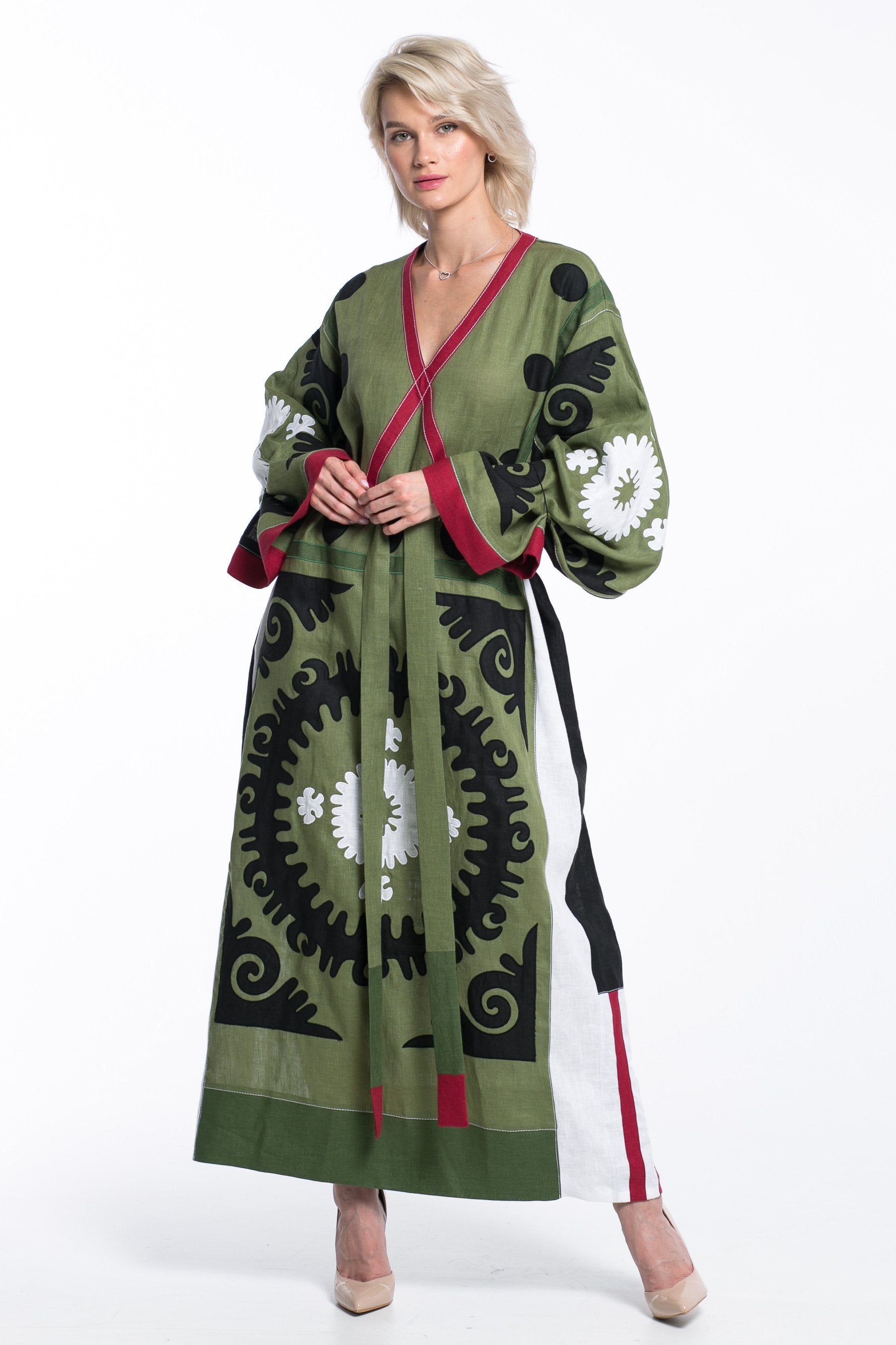 Negroni embroidered dress Applique boho kaftan with ethnic embroidery Fashion luxury linen clothing oversized