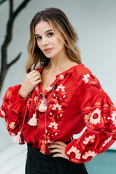 Sheer red linen blouse with Ukrainian embroidery Summer loose top