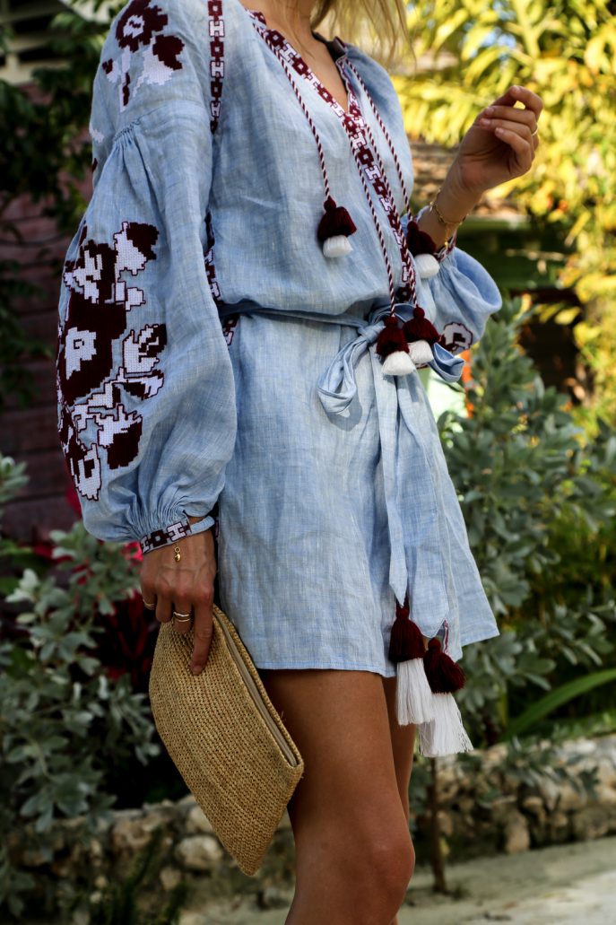 Fashion linen mini dress with floral embroidery
