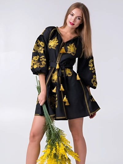 Black boho dress with gold floral embroidery