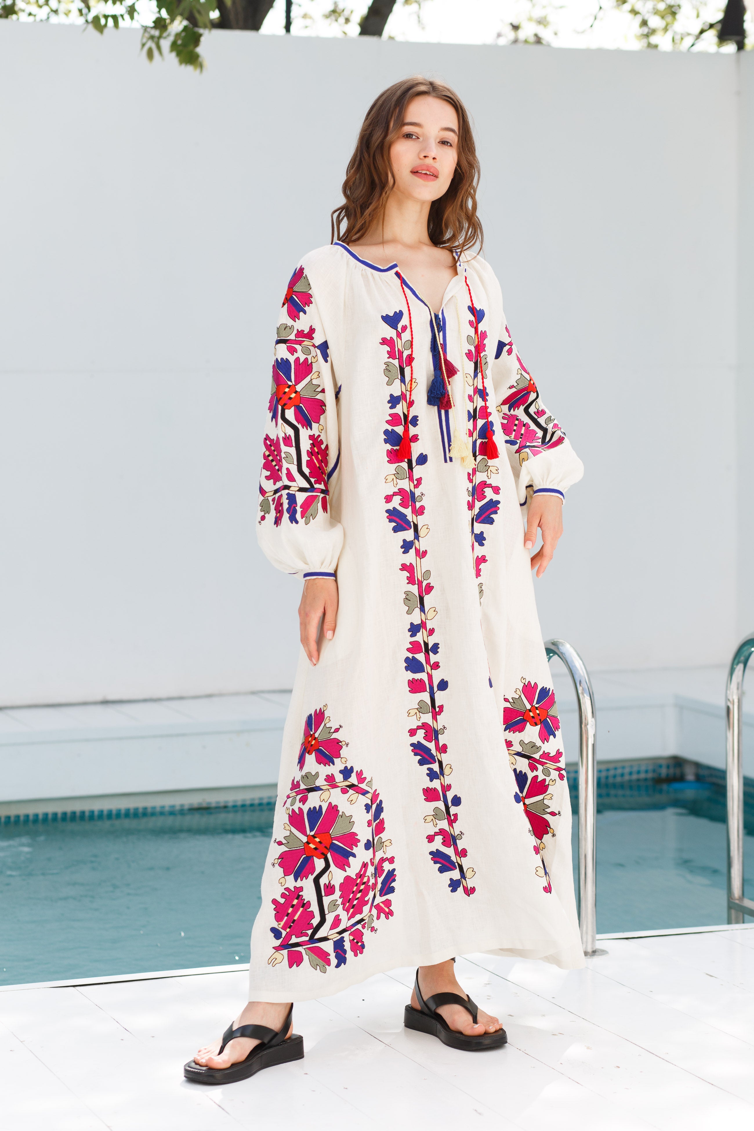Ivory linen dress Floral embroidery Tina L / Midi Ivory linen dress Floral embroidery Tina L / Midi