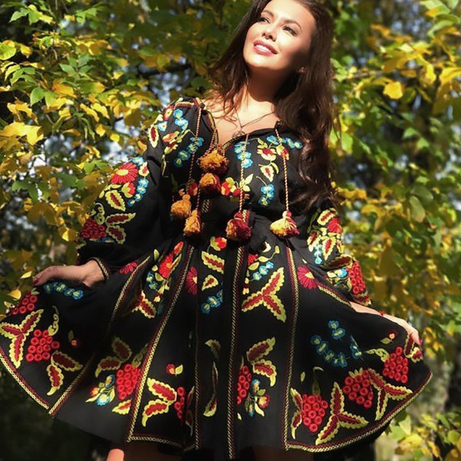 Embroidered boho dress black Vyshyvanka with floral embroidery Bohemian dresses boutique Ukrainian wedding guest dress plus size