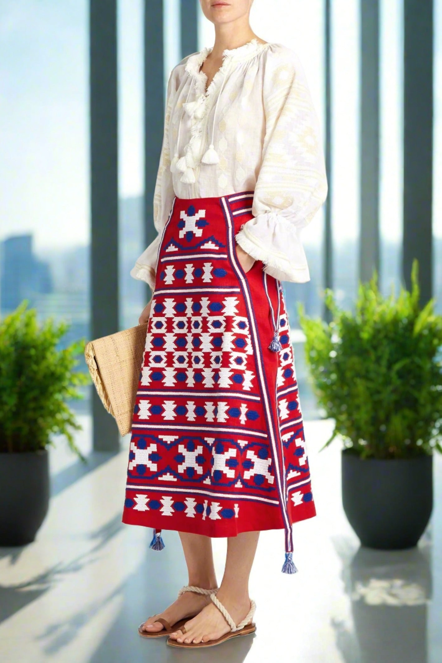 Resort outfit set with ethnic embroidery: Blouse & Midi Skirt