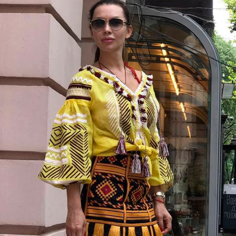 Sheer custom boho shirt Vyshyvanka with Ukrainian embroidery in see through yellow linen Embroidered loose blouse top Bohemian clothing