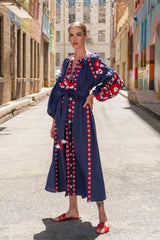 Linen summer dress with floral embroidery Long sleeve bohemian robe